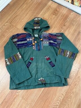 Reywear Green Cotton Pullover Hoodie with Ethnic Pattern Accents XL